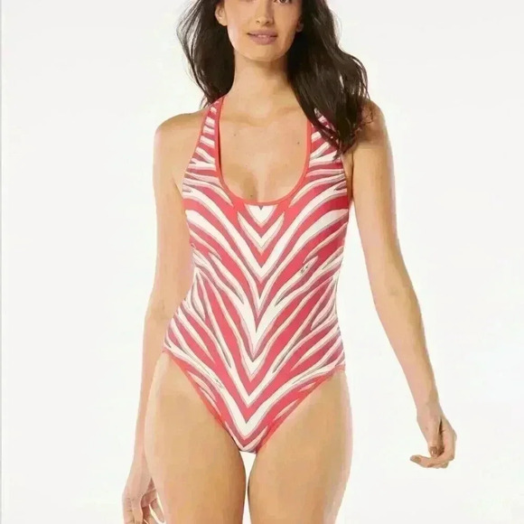 NEW Michael Kors 1 Piece Racerback Red Striped Swimsuit Women’s Sz 10‎ NWT - Picture 1 of 11